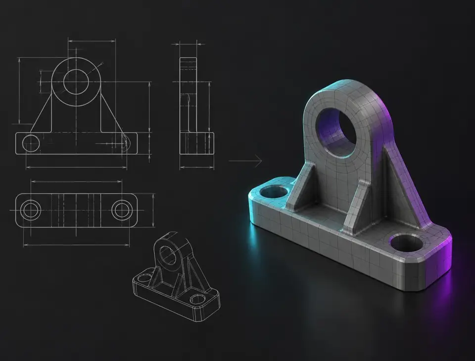 A 2D technical drawing of a bracket beside its accurate 3D model